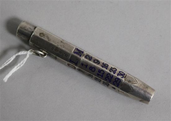 A George V silver and enamel combination calendar/pencil (a.f.), import marks for London, 1929, 83mm.